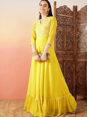 Yellow Sequence Embroidered Flared Maxi Ethnic Dresses